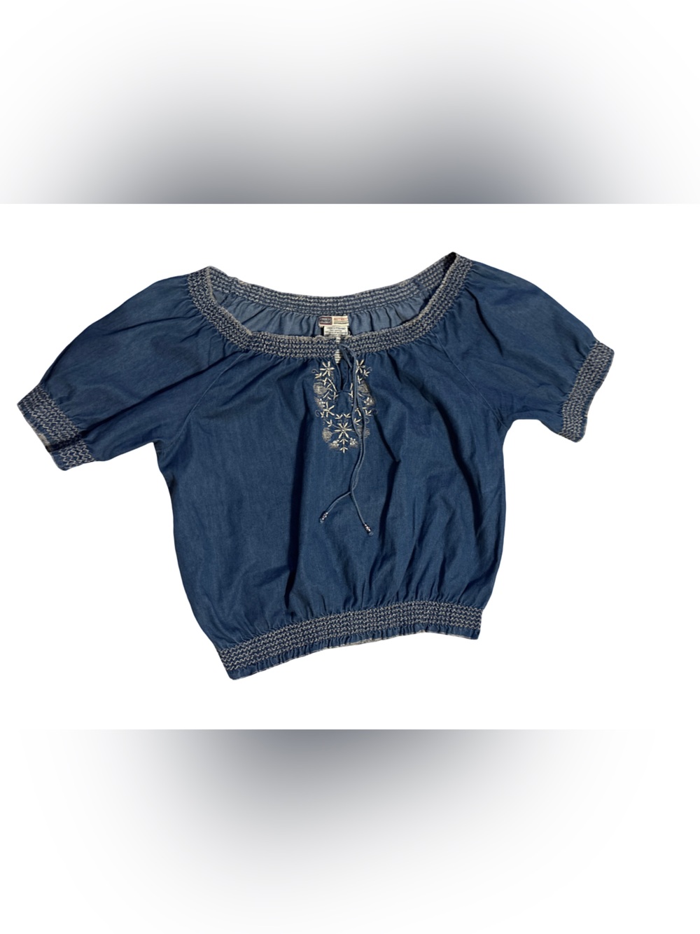Faded Glory Blue Short Sleeve Peasant Top with Embroidered Front